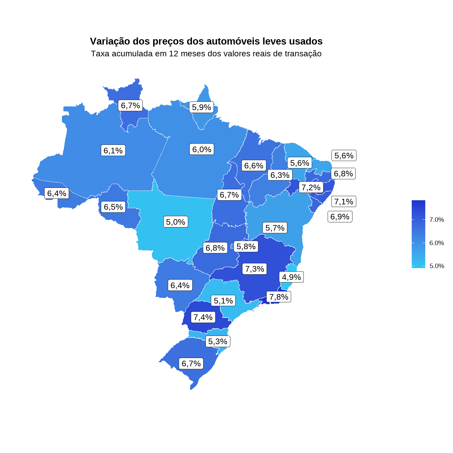 Mapa do Brasil com variação acumulada em 12 meses por estado em maio de 2026 — Rio de Janeiro lidera com +7,84%